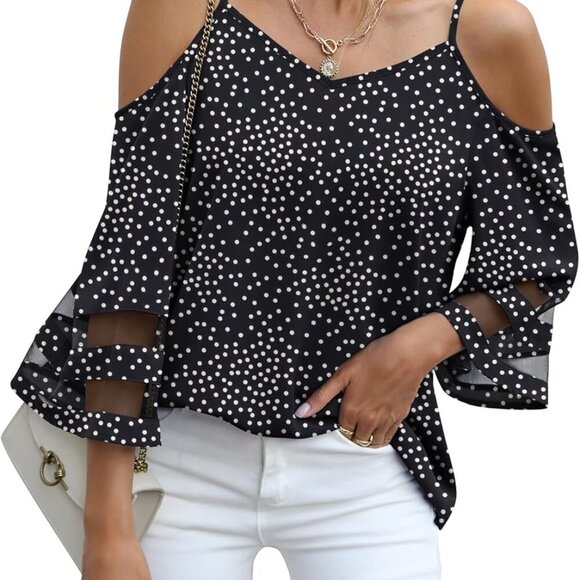 Womens Summer Cold Shoulder Mesh Panel Top - Black Dot - X-large - Picture 1 of 5